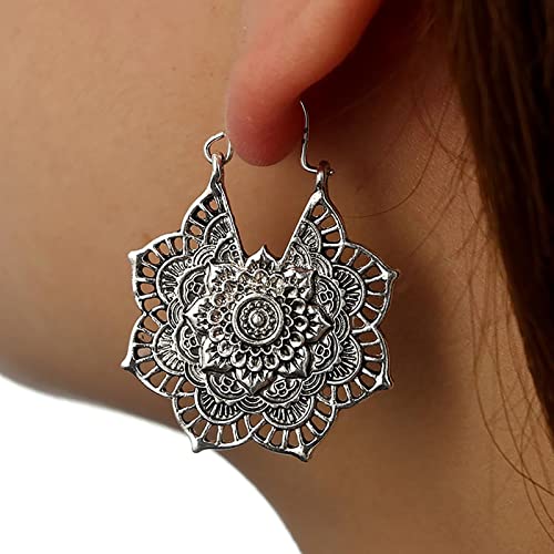 Atentuyi Mandala Blume Ohrring Silber Gypsy Ohrringe Tribal Vintage Ohrringe Blume Drop Dangle Ohrringe Filigrane Kronleuchter Ohrringe Retro Hohl Ohrringe Boho Ohrringe Schmuck für Frauen und Mädchen von Atentuyi