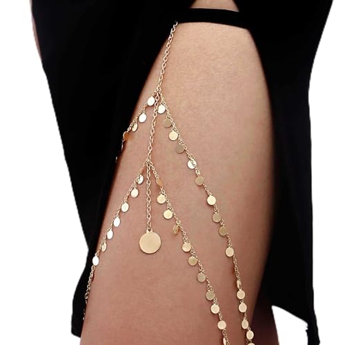 Atentuyi Mehrlagige Pailletten Beinkette Gold Oberschenkel Beinkette Quaste Oberschenkelkette Elastischer Gurt Bikini Pailletten Körperkette Sommer Strand Boho Beinschmuck Für Frauen Und Mädchen von Atentuyi