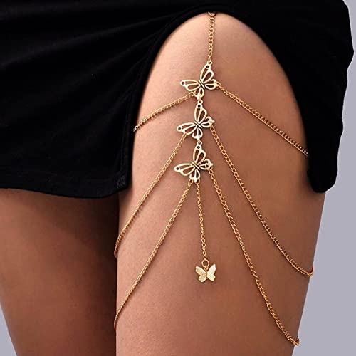 Atentuyi Mehrlagige Schmetterling Beinkette Gold Oberschenkelkette Quaste Oberschenkel Beinkette Elastischer Gurt Bikini Boho Körperkette Strand Schmetterling Anhänger Beinschmuck Für Frauen Mädchen von Atentuyi