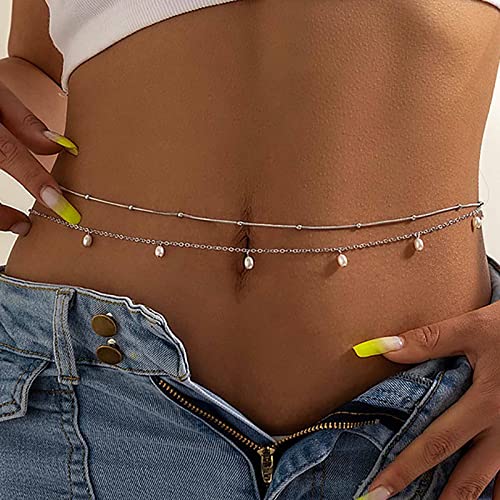 Atentuyi Perle Geschichtet Taille Kette Silber Perlen Bauch Kette Perle Körper Kette Sexy Geschirr Bikini Kette Sommer Strand Boho Quaste Körperschmuck Zubehör Für Frauen Und Mädchen (2pcs) von Atentuyi