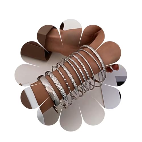 Atentuyi Punk Chunky Silber Armreif Armbänder Für Frauen Geschichtet Stapelbar Armreifen Glänzend Strukturiert Armreif Boho Indischen Bollywood Armbänder Set Schmuck Für Mann Und Mädchen von Atentuyi