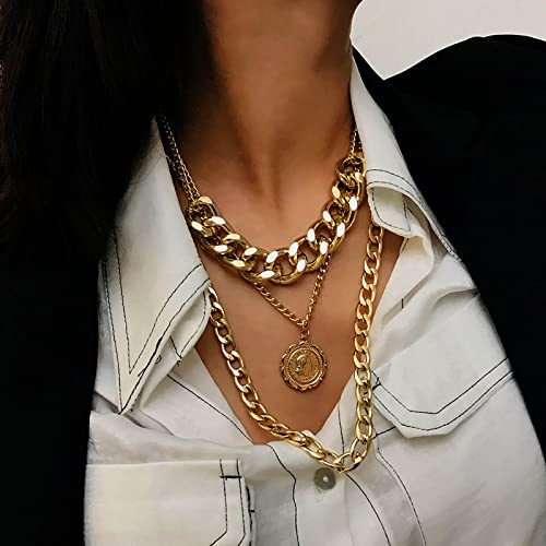 Atentuyi Punk Cuban Chunky Chain Layered Necklaces Gold Chain Necklace Layering Pendant Coin Necklace Flat Curb Link Chain Thick Chain Multilayer Collar Necklace Jewelry for Women Girls and Man von Atentuyi