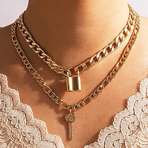 Atentuyi Punk Cuban Chunky Chain Layered Necklaces Gold Choker Lock Necklace Pendant Key Necklaces Flat Curb Link Chain Thick Chain Multilayer Collar Necklace Jewelry for Women and Girls von Atentuyi