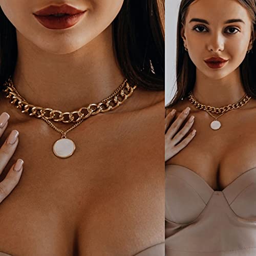 Atentuyi Punk Cuban Chunky Chain Necklace Gold Chain Layered Choker Necklaces Round Pendant Coin Necklace Flat Curb Link Chain Thick Chain Multilayer Collar Necklace Jewelry for Women and Girls von Atentuyi