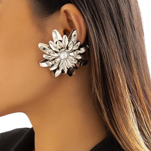 Atentuyi Punk Große Blume Ohrringe Silber Ohrringe Metall Blume Große Ohrringe Chic Blume Aussage Ohrringe Persönlichkeit Ohrringe Boho Ohrstecker Hochzeit Schmuck Für Frauen Und Mädchen von Atentuyi