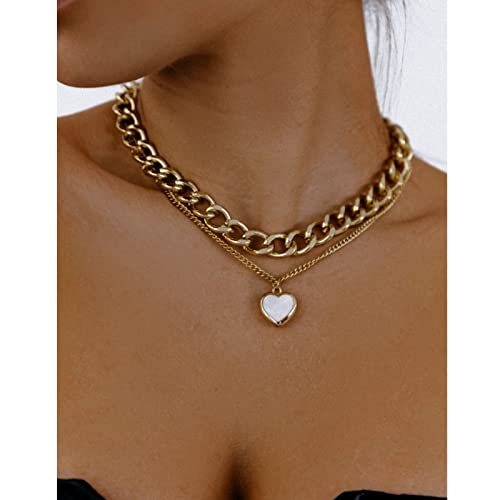 Atentuyi Punk Kubanische Kette Halskette Gold Kette Geschichtet Choker Halsketten Anhänger Herz Halskette Flach Panzerkette Dicke Kette Mehrlagig Kragen Halskette Schmuck Für Frauen Und Mädchen von Atentuyi