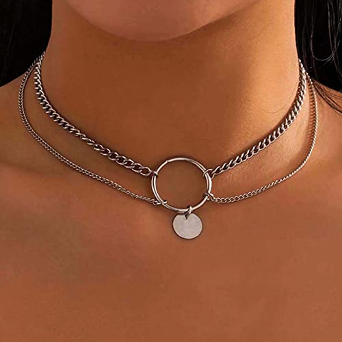 Atentuyi Punk Layered Choker Halskette Runde Münze Anhänger Halskette Büroklammer Kette Halsketten Silber Hohlkreis Halskette Schmuck für Frauen und Mädchen von Atentuyi