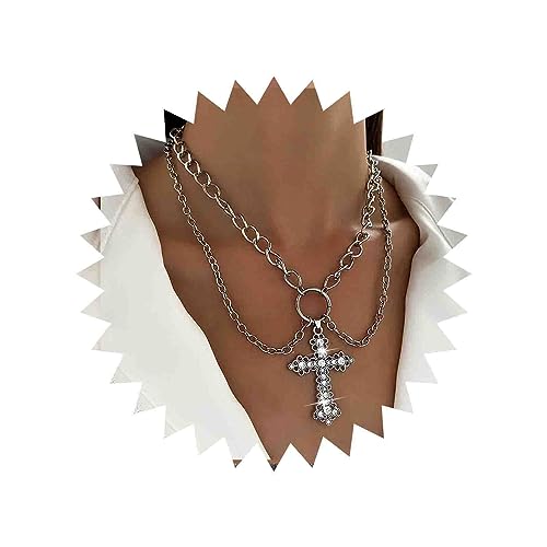 Atentuyi Punk Rock Goth Geschichtet Kreuz Choker Halskette Silber Gothic Kreuz Halskette Kristall Großes Kreuz Anhänger Halskette Vintage Religiöse Halskette Retro Halskette Schmuck Für Frauen Männer von Atentuyi