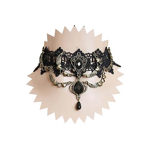 Atentuyi Punk Rock breite gotische schwarze Blumen Spitze Halskette mit Herz Halskette Goth Kristall Anhänger Halskette florales Halsband Vintage Kurzes Schlüsselbein Halskette für Frauen und Mädchen von Atentuyi