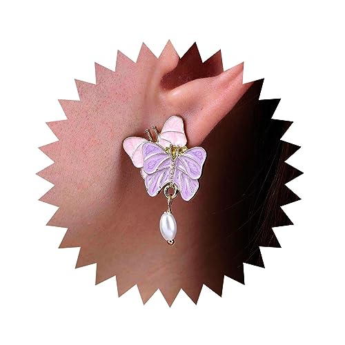 Atentuyi Schmetterling Ohrstecker Gold Perle Tropfen Ohrringe Doppel Schmetterling Ohrringe Rosa Lila Emaille Ohrringe Vintage Ohrringe Schmuck Für Frauen Und Mädchen von Atentuyi