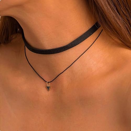 Atentuyi Schwarzes Leder Choker Geschichtetes Dreieck Halskette Vintage Kragen Choker Gothic Tattoo Halskette Schmuck Für Frauen Und Mädchen Teenager von Atentuyi