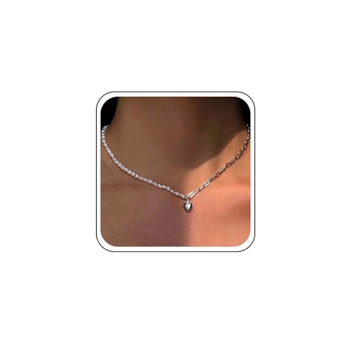 Atentuyi Tiny Pearl Choker Halskette Silber Herz Anhänger Halskette Halbperle Halbkette Halskette Liebesherz Halskette Büroklammer Halskette Spleißen Halskette Schmuck für Frauen Mädchen von Atentuyi