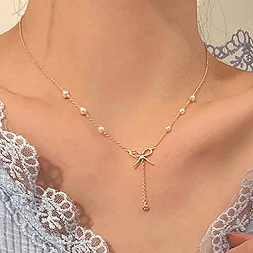 Atentuyi Vintage Perlenkette Cz Y Lariat Halskette Gold Schleife Halskette Kristall Anhänger Halskette Winzige Perle Halsband Halskette Schmuck für Frauen Mädchen von Atentuyi