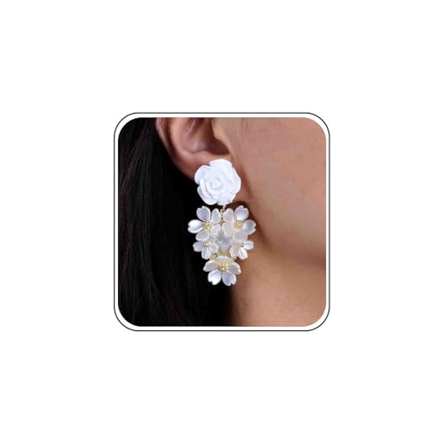 Boho Blume Cluster Baumeln Ohrringe Gold Acryl Weiße Blume Ohrringe Braut Lange Rose Blume Tropfen Ohrringe Blumenblatt Hochzeit Ohrringe Gänseblümchen Bräute Bolzen Aussage Ohrringe Schmuck Frauen von Atentuyi
