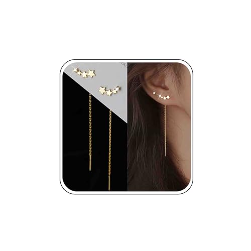 Boho Hochzeit Kleine Cz Stern Ohrringe Gold Durchzieh Ohrringe Faden Zierliche lange Kette Quaste Anhänger Kristall Kletterer Einfacher Crawler Stift Linie Bar Kette Tropfen Zart Minimalistisch Frauen von Atentuyi