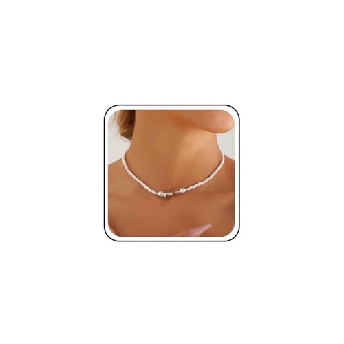 Boho Hochzeit Weiß Mini Samen Perlen Halskette Silber Kleine Perle Dünne Halskette Einfach Zierlich Winzigen Stern Choker Minimalistischen Perlen Kette Niedlich Zarten Kurzen Kragen Schmuck Für Frauen von Atentuyi