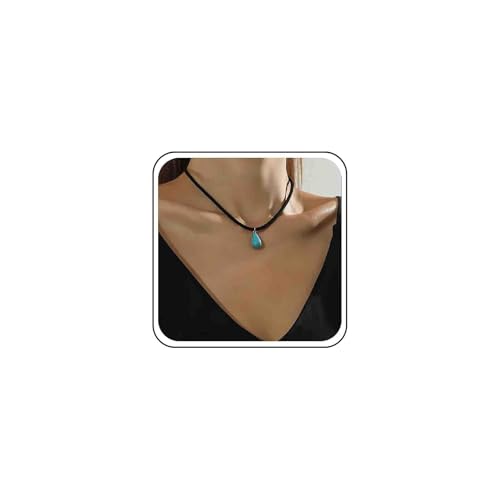 Boho Teardrop Türkis Halskette Einfach Schwarzes Leder Cowboy Teal Western Halskette Cowgirl Stein Tropfen Blau Anhänger Choker Zierlich Minimalistische Dünne Kette Niedlich Zart Sommer Strand Frauen von Atentuyi