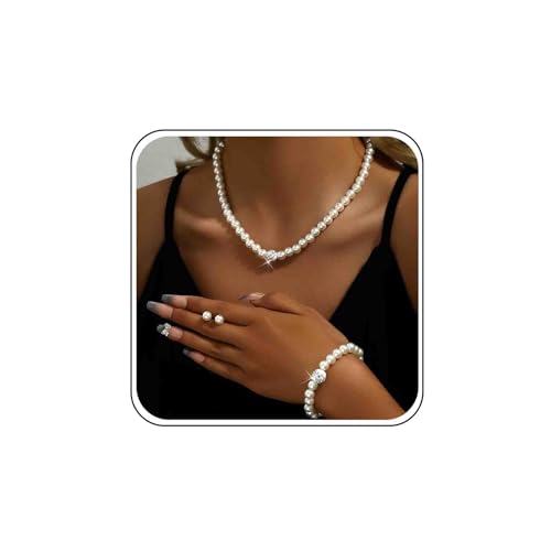 Brides Perlenkette Armband Ohrring Set Hochzeitsschmuck Set Silber Runde Perlen Ohrstecker Perlenkette Strang Kette Prom Party Cz Baseball Anhänger Halskette Brautjungfer Bräutlich Ohrringe Damen von Atentuyi