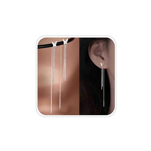 Butterfly Einfädler Ohrringe Silber - Lange Kette Faden Linie Durchziehen Bar Quaste Baumeln Perle Tropfen Schmuck Für Frauen Und Mädchen von Atentuyi