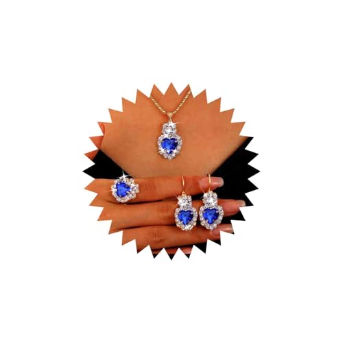 Gold Bräute Hochzeit Ohrring Und Halskette Ring-Set Schmuck-Set Blau Kristall Herz Anhänger Halskette Cz Herz Halskette Prom Partei Strass Baumeln Ohrringe Brautjungfer Braut Tropfen Ohrringe Frauen von Atentuyi