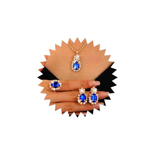 Gold Bräute Hochzeit Ohrring Und Halskette Set Ring Schmuck Set Saphir Kristall Anhänger Halskette Blau Strass Ohrringe Baumeln Prom Partei Cz Tränen Halskette Brautjungfer Braut Tropfen Frauen von Atentuyi