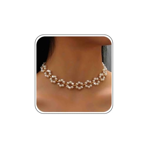 Gold Perlenkette Choker Zierliche Perlenkette Braut Hochzeit Weiße Blume Perlenkette Station Halskette Perlen Perlen Strang Halskette Perle Kette Halskette Einfach Kurzes Halsband Schmuck Für Frauen von Atentuyi