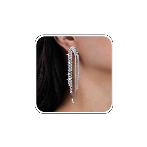 Silver Hochzeit Ohrringe Bräute Lange Strass Ohrringe Funkeln Kristall Baumeln Ohrringe Diamant Prom Ohrringe Braut Cz Tropfen Ohrringe Quaste Kette Strass Aussage Ohrringe Schmuck Für Frauen von Atentuyi