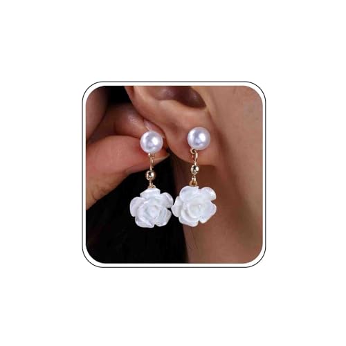 Wedding Ohrringe Gold Perle Ohrringe Weiße Blume Ohrringe Perle Ohrstecker Harz Blume Baumeln Ohrringe Acryl Rose Floral Tropfen Ohrringe Boho Aussage Ohrringe Schmuck Für Frauen von Atentuyi