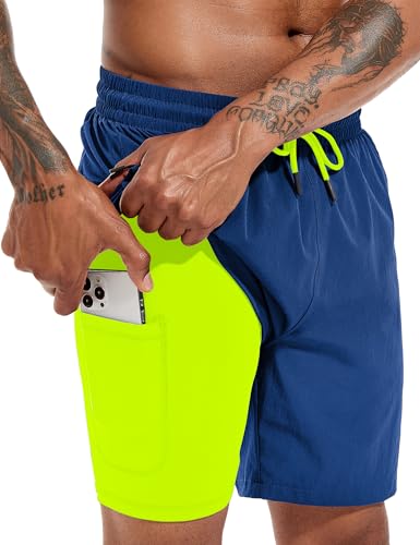 Atforna Badehose Herren Kurz Badeshorts mit Kompressionsliner 2 in 1 Board Shorts Schnelltrocknend Männer Strand Surfen Strandhose mit Reißverschlusstasche Kobaltblau M von Atforna