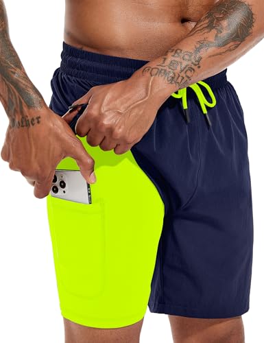 Atforna Badehose Herren Kurz Badeshorts mit Kompressionsliner 2 in 1 Board Shorts Schnelltrocknend Männer Strand Surfen Strandhose mit Reißverschlusstasche Marineblau M von Atforna