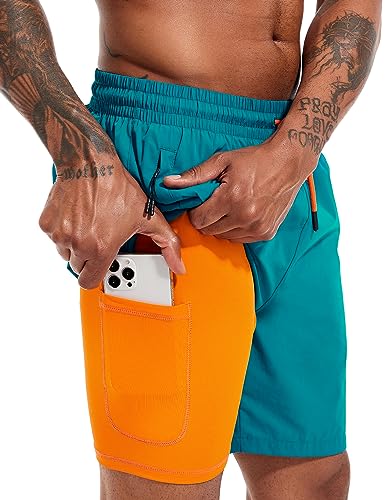 Atforna Badehose Herren Kurz Badeshorts mit Kompressionsliner 2 in 1 Board Shorts Schnelltrocknend Männer Strand Surfen Strandhose mit Reißverschlusstasche Pfauenblau L von Atforna