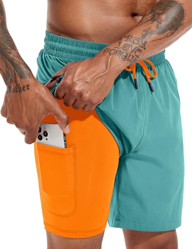 Atforna Badehose Herren Kurz Badeshorts mit Kompressionsliner 2 in 1 Schwimmhose Schnelltrocknend Männer Strand Surfen Strandhose mit Reißverschlusstasche Saphirblau L von Atforna