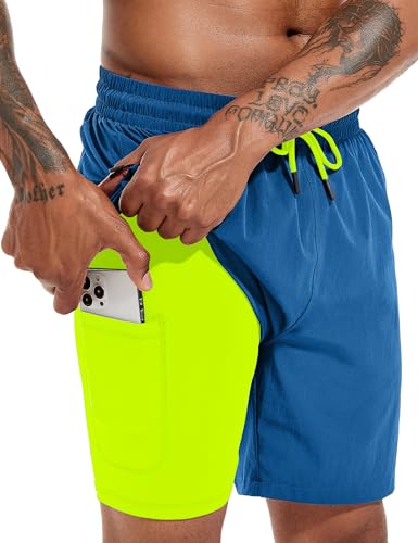 Atforna Badehose Herren Kurz Badeshorts mit Kompressionsliner 2 in 1 Schwimmhose Schnelltrocknend Männer Strand Surfen Strandhose mit Reißverschlusstasche Seeblau L von Atforna