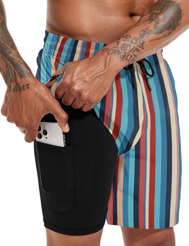 Atforna Badehose Herren Lang Badeshorts mit Kompression Liner Board Shorts mit Reißverschlusstasche Strandshorts für Männer Streifen S von Atforna