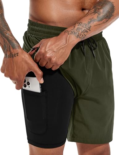 Atforna Badehose Herren Lang Badeshorts mit Kompression Liner Schnelltrocknend Board Shorts mit Reißverschlusstasche Atmungsaktiv Strandshorts für Männer Armeegrün XL von Atforna