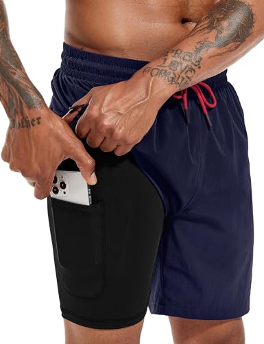 Atforna Badehose Herren Lang Badeshorts mit Kompression Liner Schnelltrocknend Board Shorts mit Reißverschlusstasche Atmungsaktiv Strandshorts für Männer Navy Blau XL von Atforna