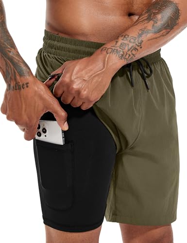 Atforna Badehose Herren Lang Badeshorts mit Kompressionsliner 2 in 1 Board Shorts Schnelltrocknend Männer Strand Surfen Strandhose mit Reißverschlusstasche Grün XXL von Atforna