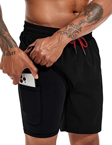 Atforna Badeshorts Männer Kurz Badehose mit Kompression Liner 2 in 1 Badehosen Herren Strand Surf Shorts mit Kordelzug Reißverschlusstasche Schwarz XXL von Atforna