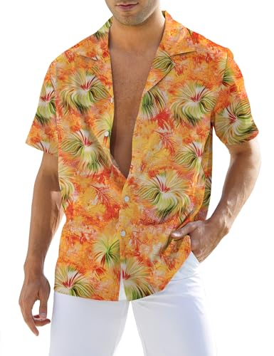 Atforna Hawaii Hemd Männer Festival Hemd Herren Kurzarm Freizeithemden Party Outfit Sommerhemd Unisex Hawaiihemd Strand Kokospalme Shirt Hellorange Palmwedel L von Atforna