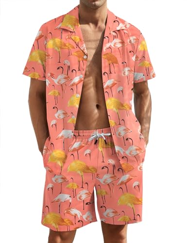 Atforna Hawaii Hemd Männer Flamingos Hemd Herren Freizeithemden Kurzarm Mallorca Party Outfit Festival Sommer Hemd Unisex Hawaiihemd Aloha Shirt und Shorts Rosa Flamingos L von Atforna