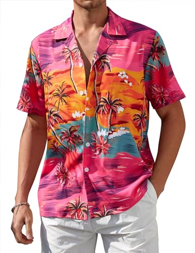 Atforna Hawaii Hemd Männer Freizeithemden Herren Kurzarm Sommerhemd Festival Kostüm Hawaiihemd Strand Party Hemden 80er Jahre Outfit Rosa Kokospalme XL von Atforna