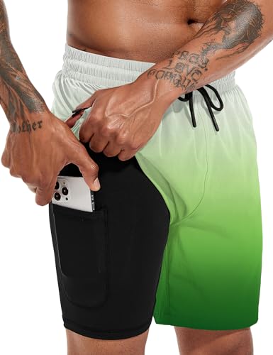 Atforna Herren-Badehose, Boardshorts, schnell trocknend, Badeshorts, Strandshorts mit weichem Kompressionsfutter und Reißverschlusstasche, Farbverlauf grün, L von Atforna