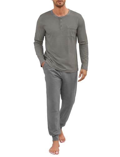 Atforna Herren Schlafanzug Lang Zweiteiliger Pyjama Herren Lang Baumwolle Winter Gestreifter Loungewear，Langarm Shirt & Schlafanzughose mit Tasche Kaffee + Grau L von Atforna