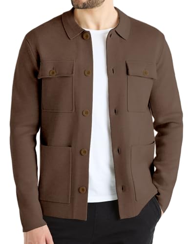 Atforna Herren Strickjacke Pullover Button Down Strick Cardigan Reverskragen Winterjacke Warm Feinstrickjacke Dick Gestrickter Strickmantel mit Taschen Dunkelbraun L von Atforna