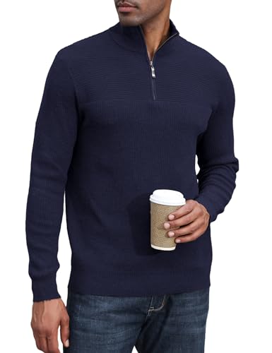 Atforna Herren Strickpullover Troyer Rippstrick Pullover mit Stehkragen Reißverschluss Regular Fit Arbeitspullover Wärme Winterpullover Wärme Pulli Sweater, Navy blau, XXL von Atforna