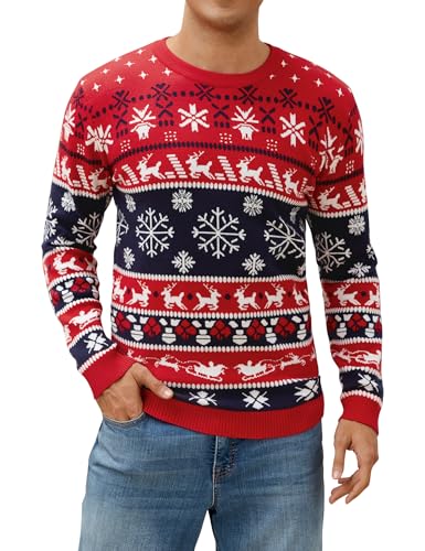 Atforna Rentier Weihnachtspullover Herren Ugly Christmas Sweater Norweger Pullover Hässlicher Christmas Jumper Festlicher Weihnachtspulli Langarm Weihnachten Strickpulli mit Schneeflocken Rot XL von Atforna