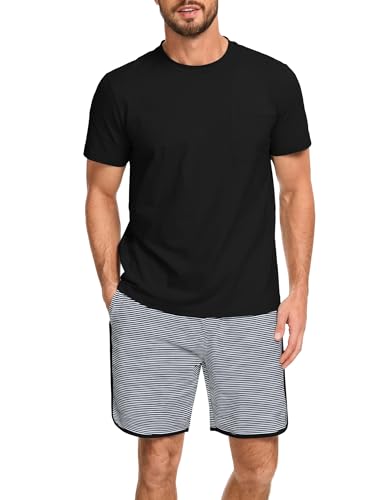 Atforna Schlafanzug Herren Kurz Streifen Pyjama Set Sommer Baumwolle Schlafanzüge für Männer Nachtwäsche Shorty Zweiteiler Pijamas, Schwarz, S von Atforna
