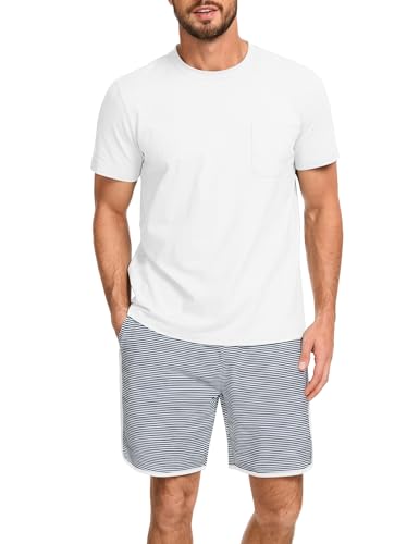 Atforna Schlafanzug Herren Kurz Streifen Pyjama Set Sommer Baumwolle Schlafanzüge für Männer Nachtwäsche Shorty Zweiteiler Pijamas, Weiß, XXL von Atforna