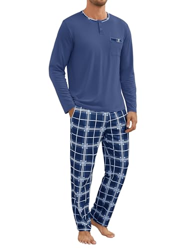 Atforna Schlafanzug Herren Lang Karierten Pyjama Set Winter Baumwolle Zweiteiliges Set, Rundhals Langarm Oberteile und Karierter Hose, Blau, XL von Atforna