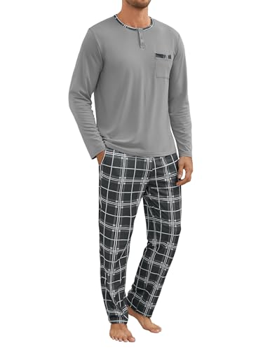 Atforna Schlafanzug Herren Lang Karierten Pyjama Set Winter Baumwolle Zweiteiliges Set, Rundhals Langarm Oberteile und Karierter Hose, Grau, L von Atforna